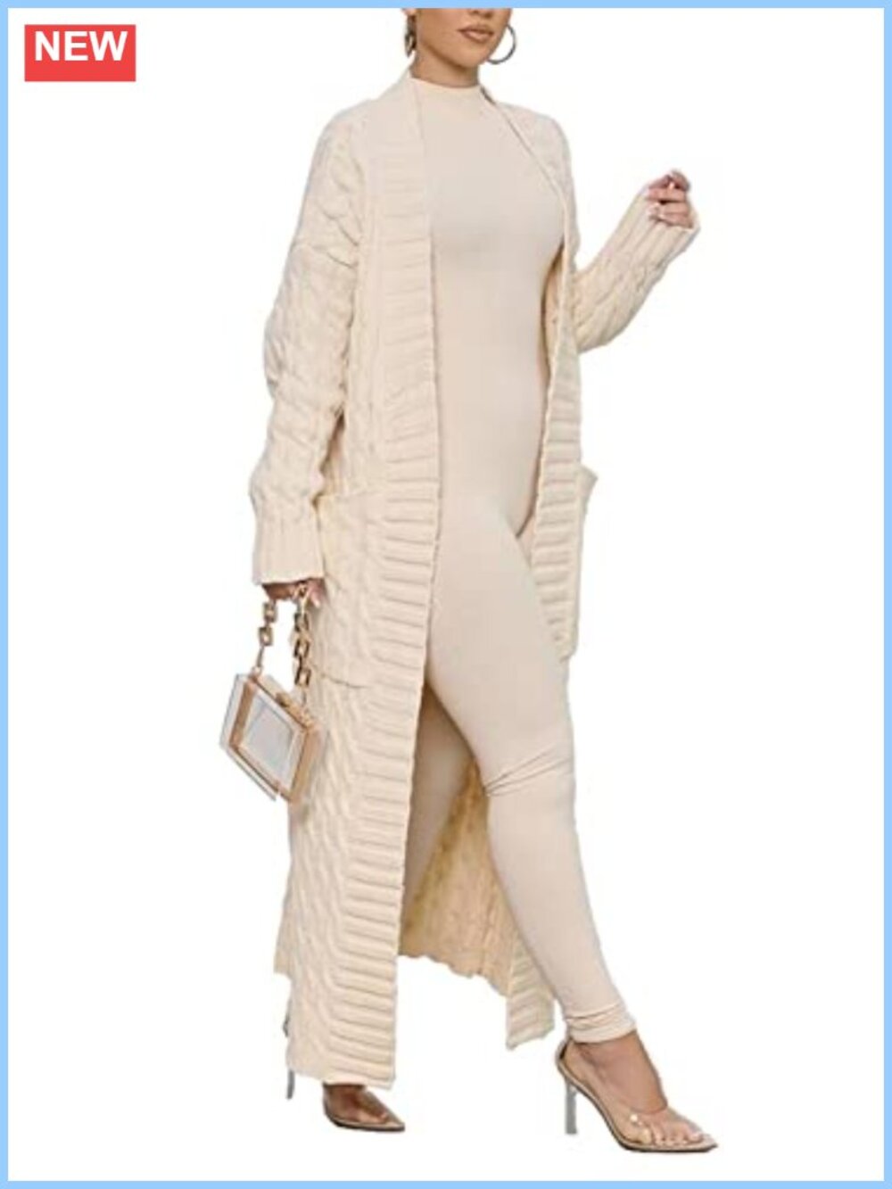Women's Long Chunky Cable Knit Cardigan Duster with Pockets
